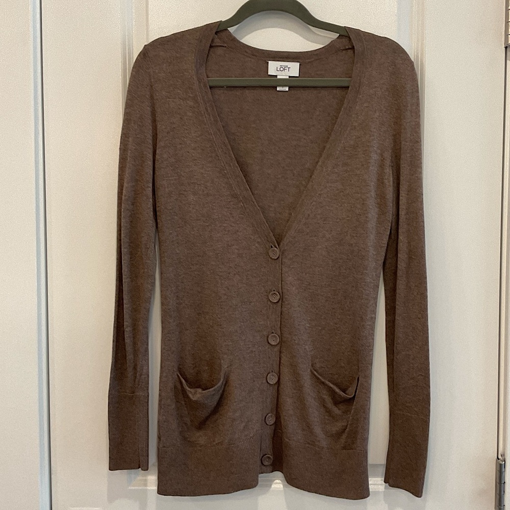Ann Taylor Brown V-Neck Pocket Cardigan (S)